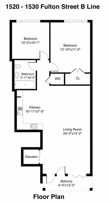 Floor plan for 2 beds, 1 bath, 785 sqft